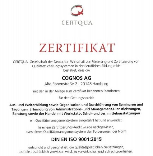Zertifikat CERTQUA nach DIN EN ISO 9001 von 2015 verliehen an die Akademie Fresenius