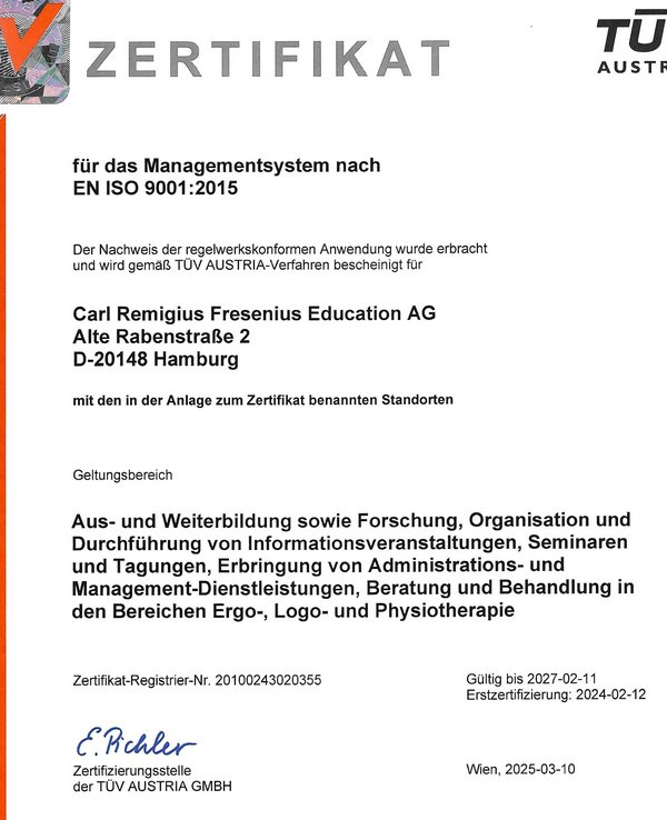 Zertifikat DIN EN ISO 9001:2015 verliehen an die Akademie Fresenius
